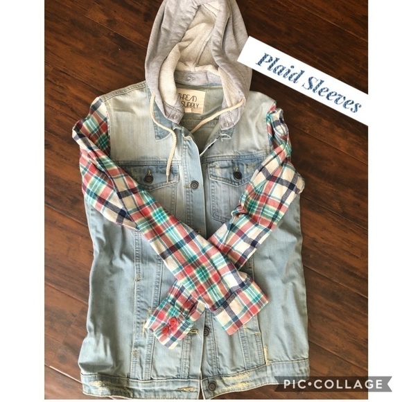 Light Denim Jacket w/Plaid Sleeves - Picture 2 of 4